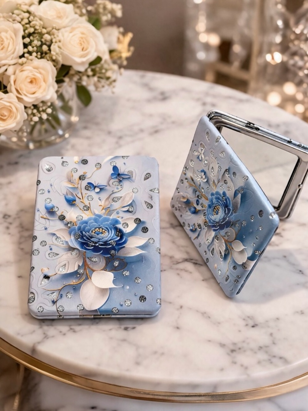 Floral Compact 2 IN 1 Double-Sided Mirror & Magnified Purple Glitter Design✨NEW